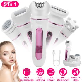 5 In 1 Electric Body Epilator Rechargeable Women's Grooming Kit Epilator Shaver Facial Brush Callus Remover 5-Point Massager with LED Light Display
